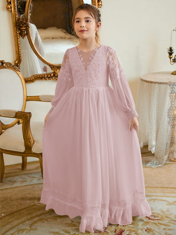 Vestido de Primera Comunión color marfil, corte en A, de gasa hasta el suelo 