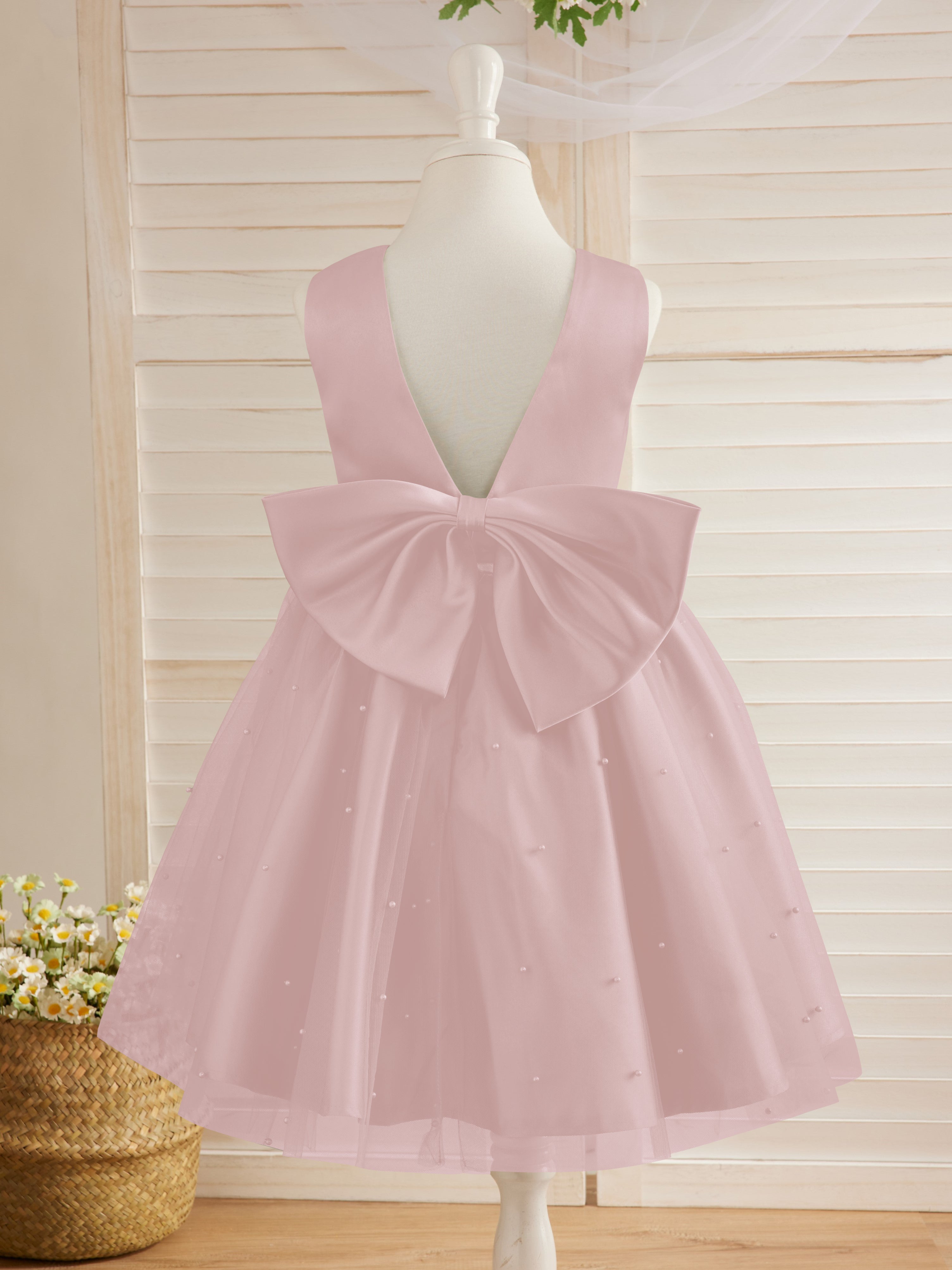 Vestido de princesa/vestido de princesa de satén y tul hasta la rodilla para niña de las flores 