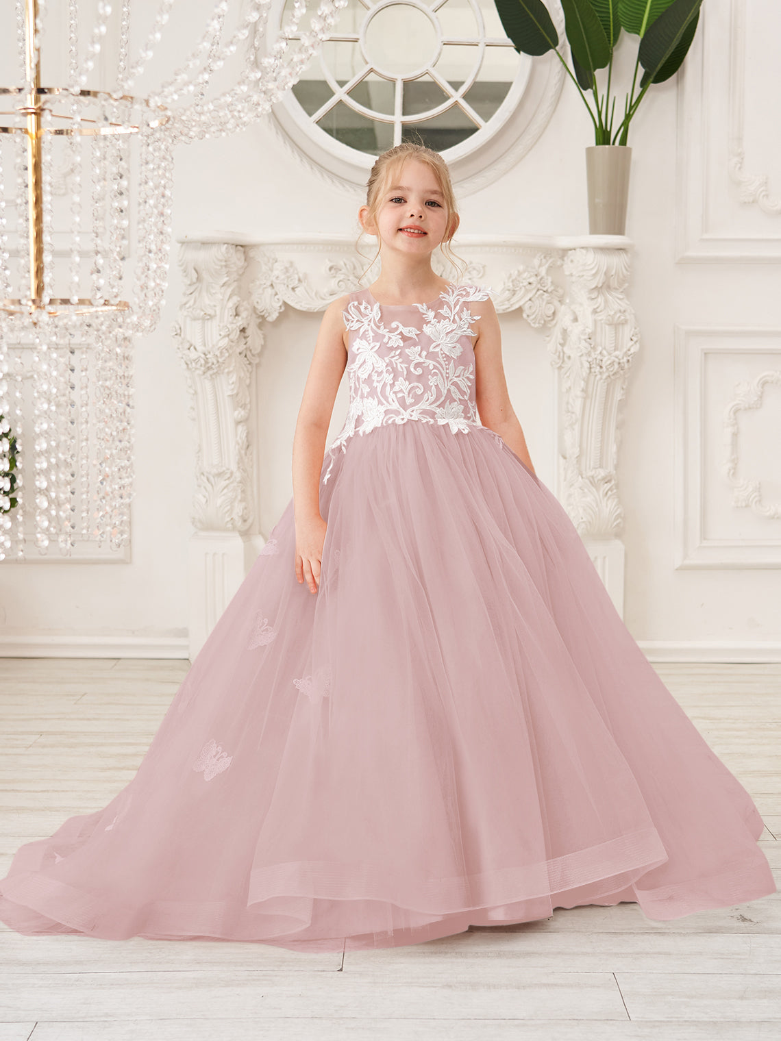Elegante vestido de princesa sin mangas de tul para niña de las flores, corte en A 