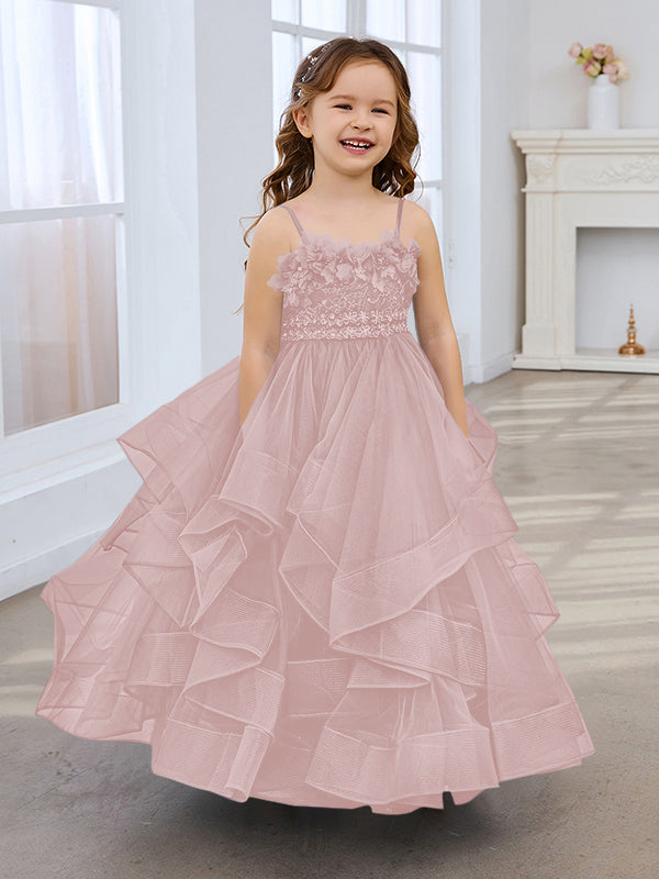 Vestido de niña de las flores de tul sin mangas, corte princesa, azul pizarra, corte en A, estilo princesa 