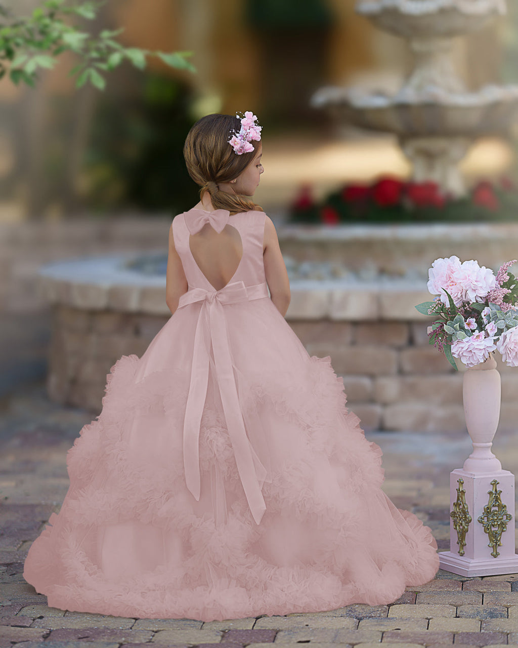 Vestido de niña de las flores de corte A, de satén y tul, hasta el suelo, con volantes en cascada. 