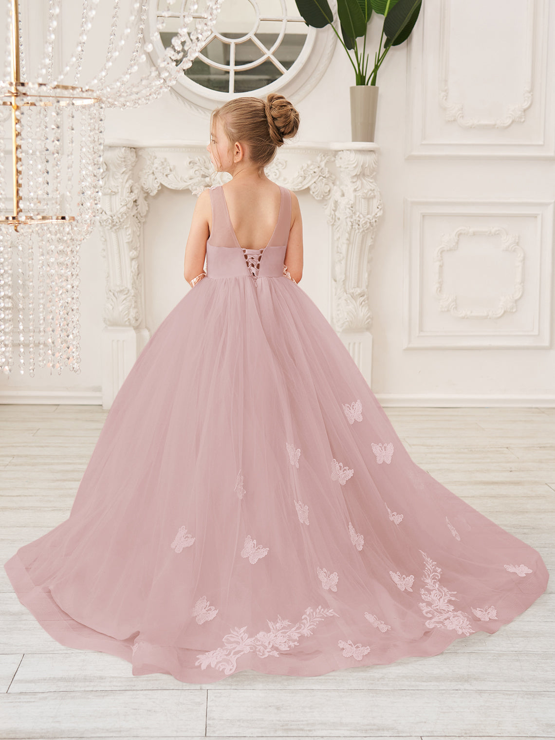 Elegante vestido de princesa sin mangas de tul para niña de las flores, corte en A 