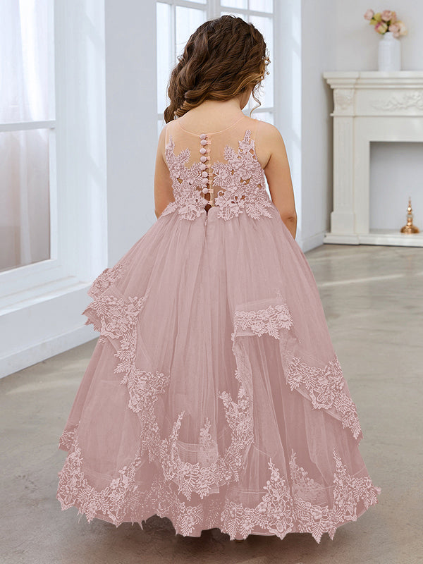 Vestido de princesa sin mangas de tul con apliques de encaje y cola corta para niñas 