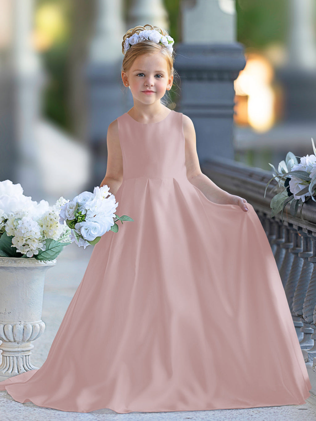 Vestido de niña de las flores para la Primera Comunión, corte en A, encaje y satén, hasta el suelo 