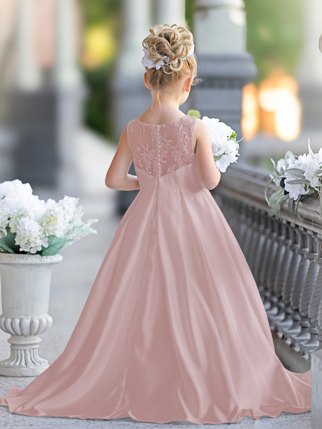 Vestido de niña de las flores para la Primera Comunión, corte en A, encaje y satén, hasta el suelo 