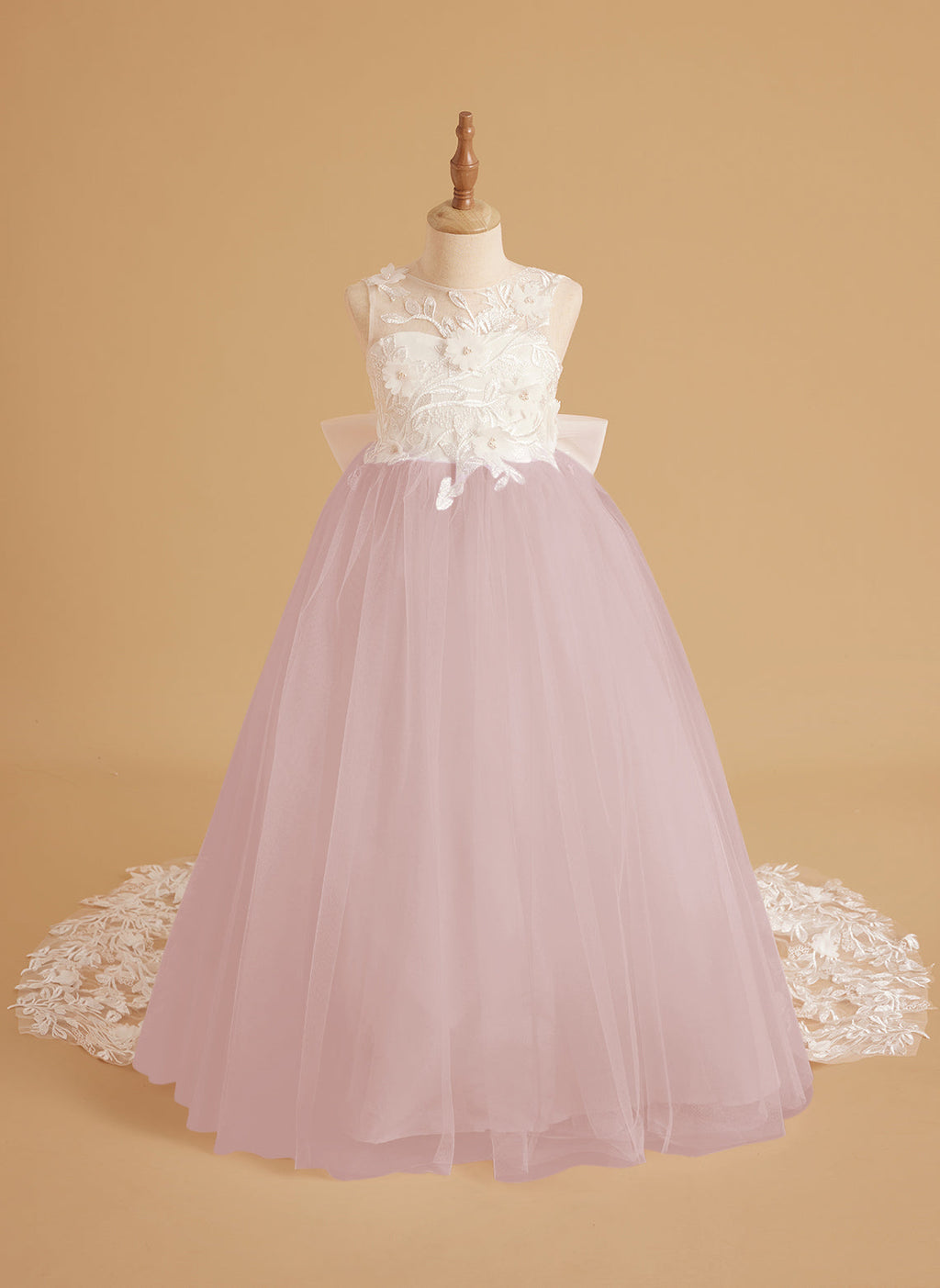 Vestido de niña de las flores sin mangas con cola desmontable de princesa de ensueño 