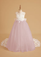 Vestido de niña de las flores sin mangas con cola desmontable de princesa de ensueño 
