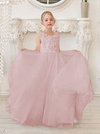 Elegante vestido blanco de tul para niña de las flores con cola corta 
