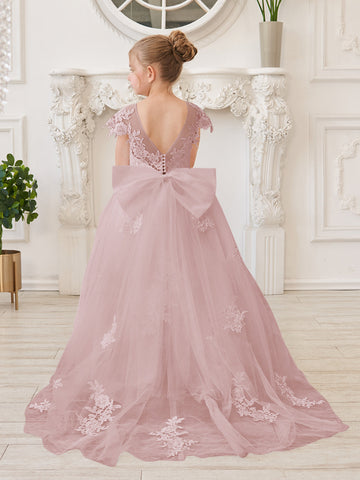 Vestido de niña de las flores para la Primera Comunión, color marfil, con cola desmontable estilo princesa. 