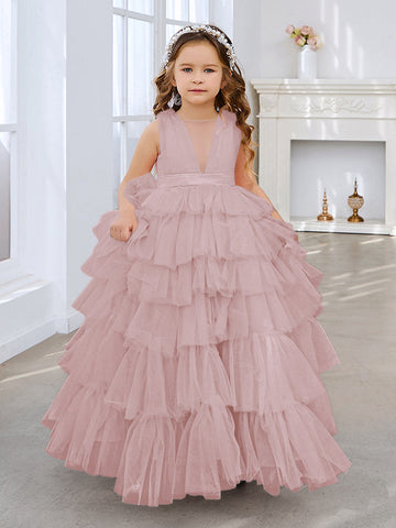 Robe de bal/robe de princesse rose perle sans manches en tulle avec nœud pour demoiselle d'honneur 