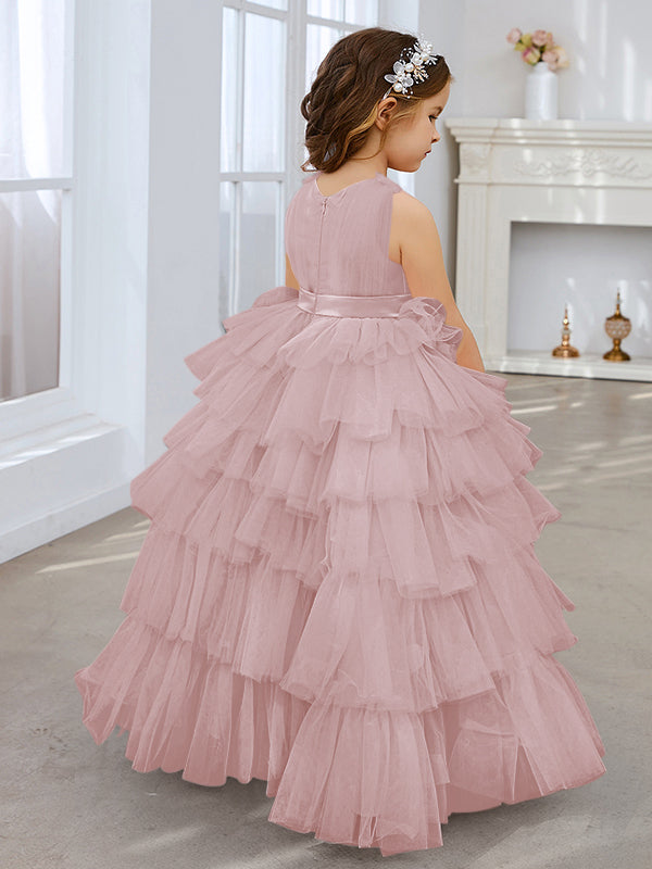 Vestido de princesa rosa perla sin mangas para niña de las flores con lazo de tul 