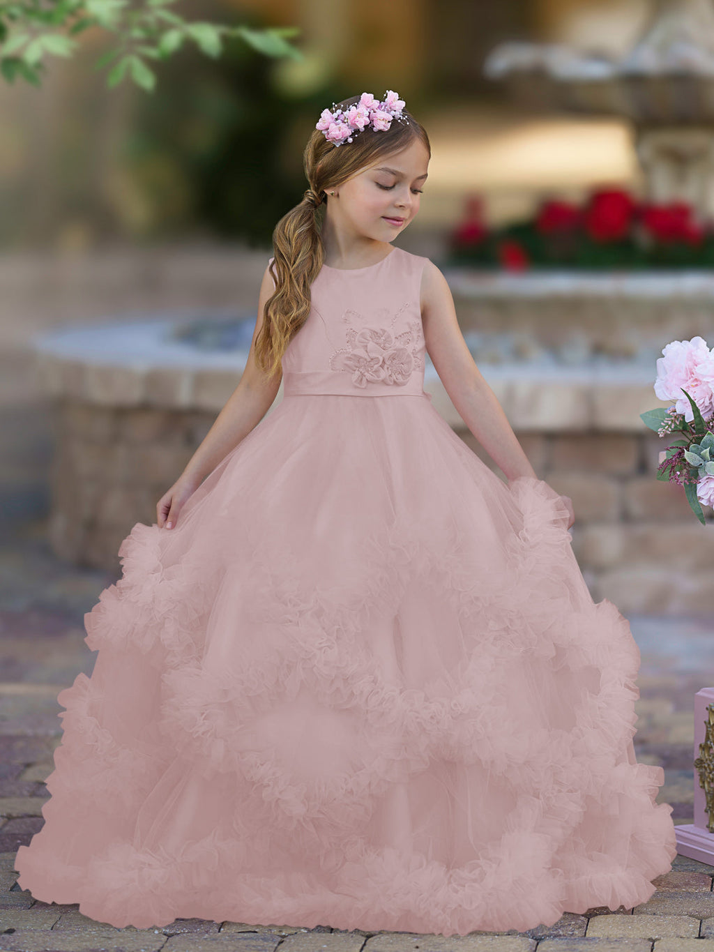 Vestido de niña de las flores de corte A, de satén y tul, hasta el suelo, con volantes en cascada. 