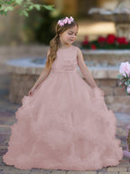 Vestido de niña de las flores de corte A, de satén y tul, hasta el suelo, con volantes en cascada. 