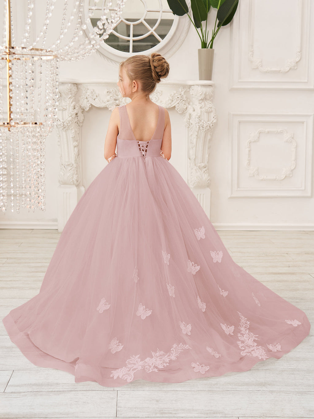 Elegante vestido de princesa sin mangas de tul para niña de las flores, corte en A 