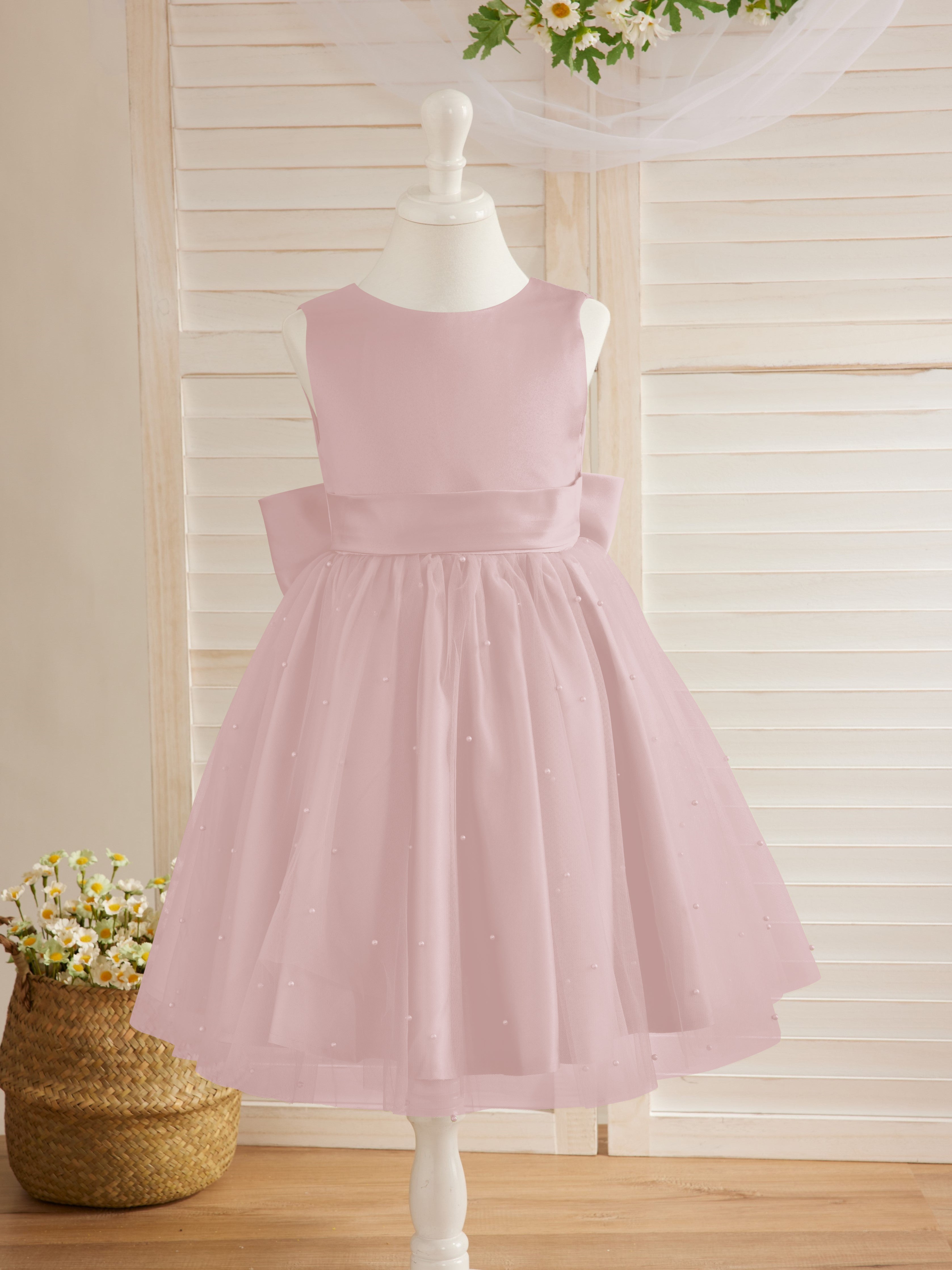 Vestido de princesa/vestido de princesa de satén y tul hasta la rodilla para niña de las flores 