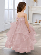 Vestido de niña de las flores de tul sin mangas, corte princesa, azul pizarra, corte en A, estilo princesa 