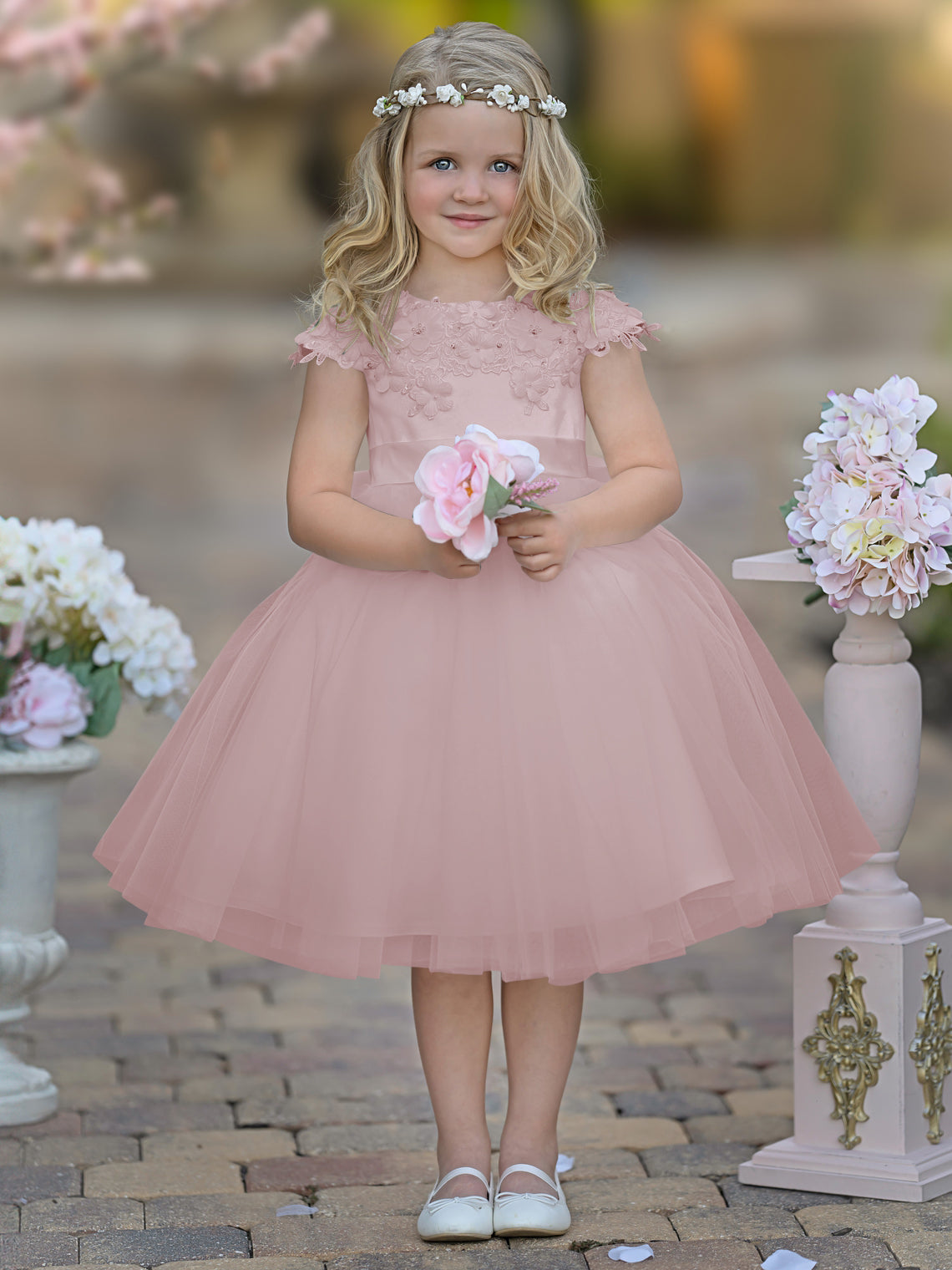 Vestido de niña de las flores de la Primera Comunión, color marfil, de tul satinado hasta la rodilla 