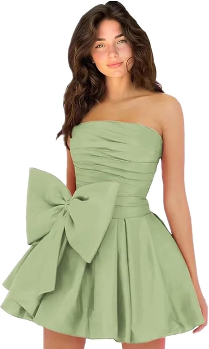 Robes de soirée courtes et chics pour le bal de promo, coupe trapèze, sans manches, bustier, froncées, lacées et ornées d'un nœud.