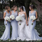 Baoleely Simple Boho Dusty Blue Bridesmaid Dresses Tulle Straps Mermaid Wedding Guest Dress