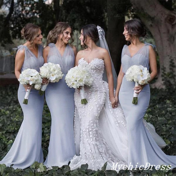 Baoleely Simple Boho Dusty Blue Bridesmaid Dresses Tulle Straps Mermaid Wedding Guest Dress