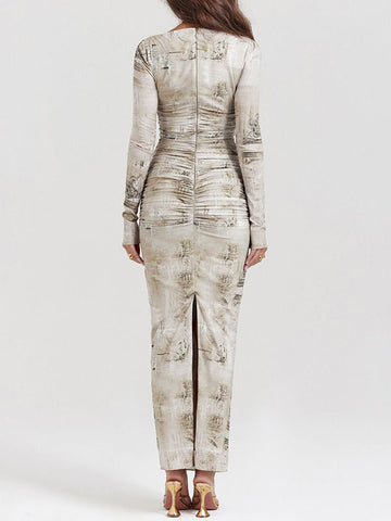 Vestidos largos de noche ajustados de manga larga con estampado, espalda con abertura, escote redondo y abertura lateral. 