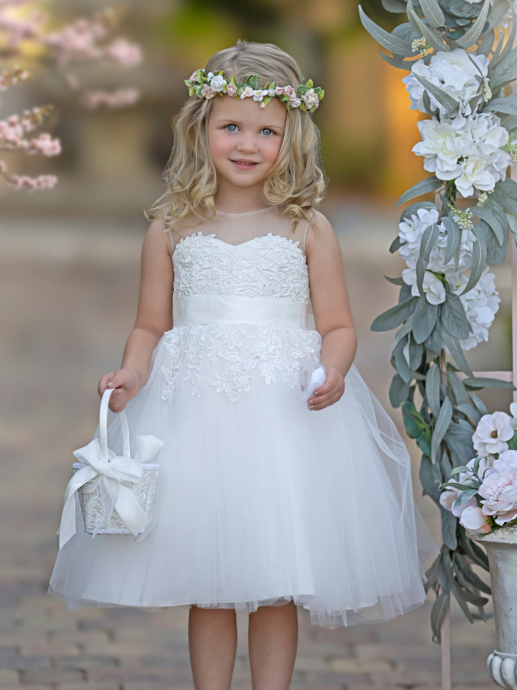 Vestido de niña de las flores para la Primera Comunión, de tul y encaje hasta la rodilla 