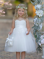 Vestido de niña de las flores para la Primera Comunión, de tul y encaje hasta la rodilla 