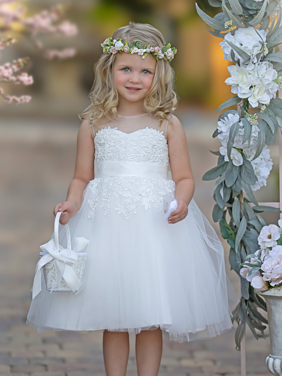 Vestido de niña de las flores para la Primera Comunión, de tul y encaje hasta la rodilla 