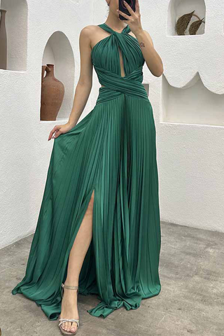Elegantes vestidos de noche lisos con escote halter y pliegues 
