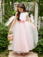 Vestido de niña de las flores de corte A con flores 3D, tul satinado y largo hasta el tobillo 