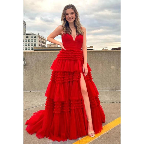 Vestido largo de fiesta de bienvenida con escote en V, tirantes finos y tul fruncido, corte A 