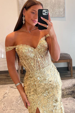 Baoleely Soleil | Gold Sequin Lace Off the Shoulder Mermaid Prom Dress