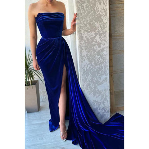 Royal Blue Strapless Velvet Pleats Long Train Split Sexy Prom Dress Party Gown