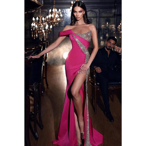 Unique Strapless Sequins Sexy Mermaid Long Prom Party Dress with Slit