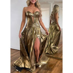 Vestido de noche estilo imperio sin mangas, escote corazón, sin tirantes y abertura lateral para fiesta de graduación 
