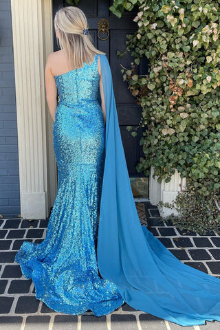 Robe de bal longue sirène asymétrique bleue à sequins et fente sur le devant