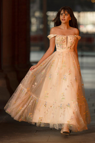 Princess A Line Sweetheart Champagne Long Prom Dress with Embroidery