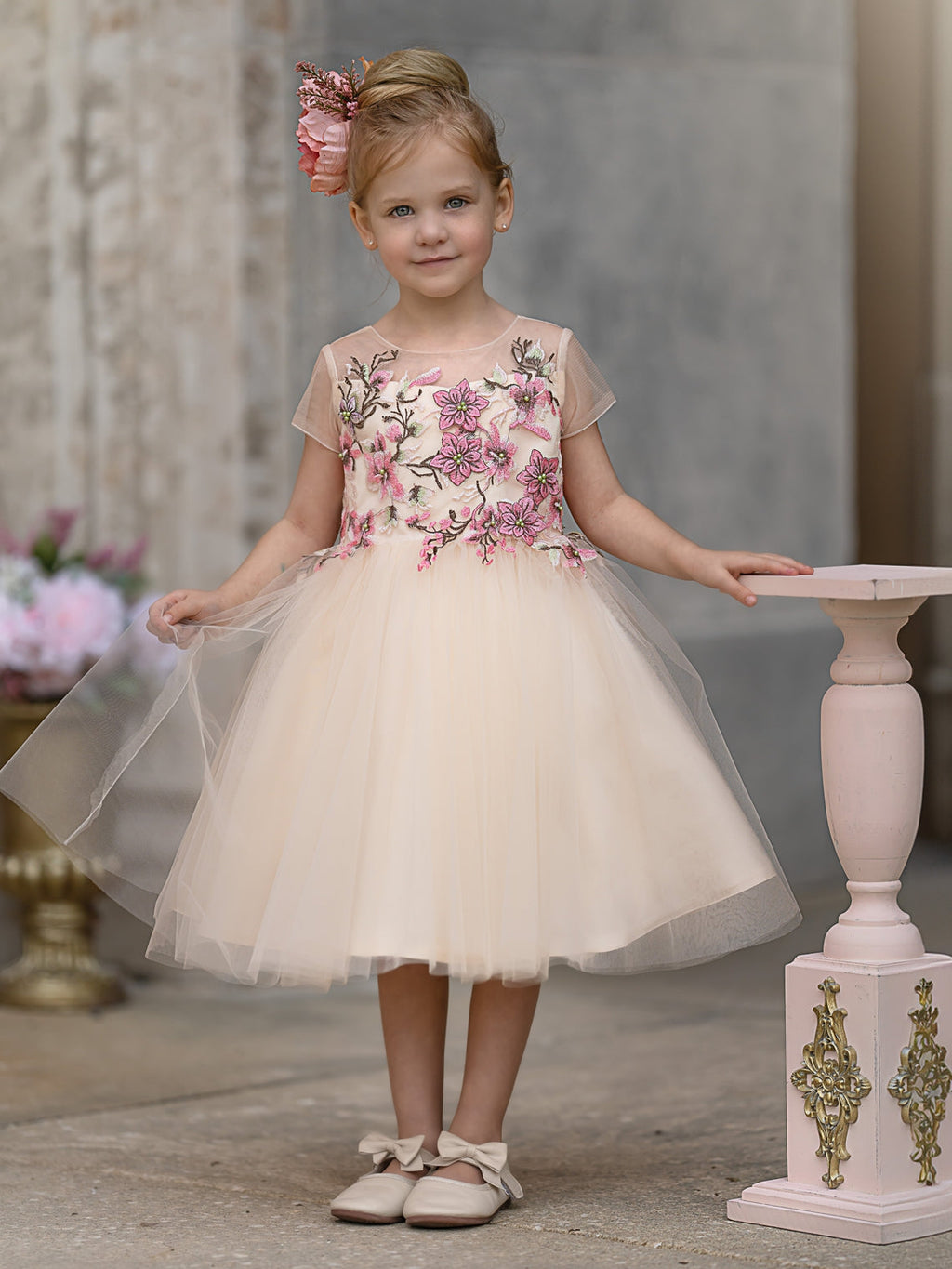 Vestido de niña de las flores de tul corte A hasta la rodilla 