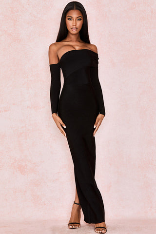 Elegante vestido largo de noche negro con hombros descubiertos, abertura en la espalda y detalle de vendaje - 