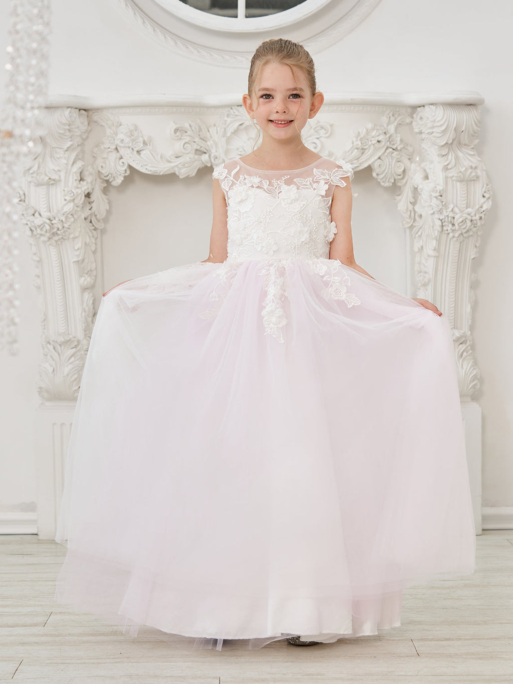 Vestido de niña de las flores de corte A, de tul y encaje hasta el suelo 