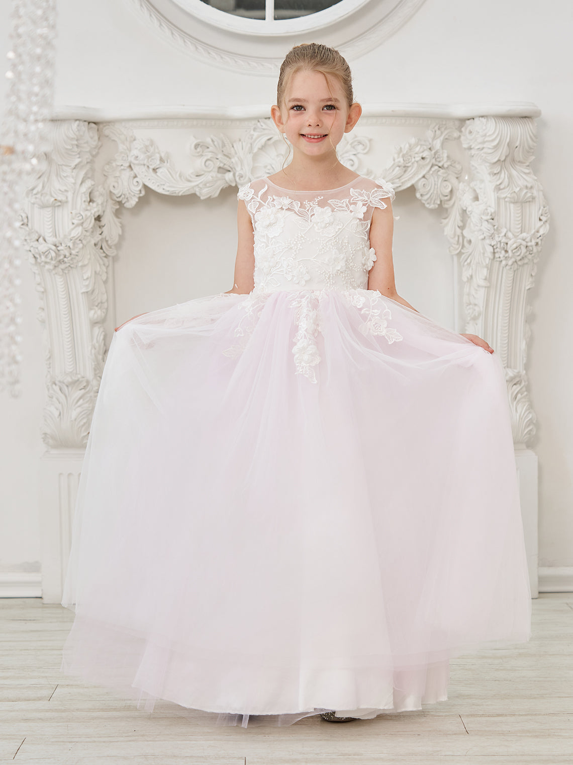 Vestido de niña de las flores de corte A, de tul y encaje hasta el suelo 
