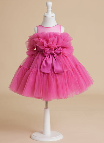 Encantador vestido rosa de princesa sin mangas de tul para niña de las flores con detalle de lazo (010224355) 