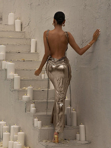 Metallic Coated Deep Neck Backless Evening Dress