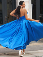 Vestido de graduación regio zafiro de corte A, drapeado, con escote en V y espalda descubierta