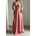 Robe de soirée longue simple et sexy à bretelles et col en V avec fente 
