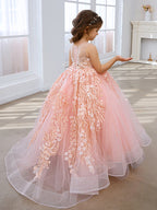 Vestido de princesa rosa para niñas con apliques de encaje 