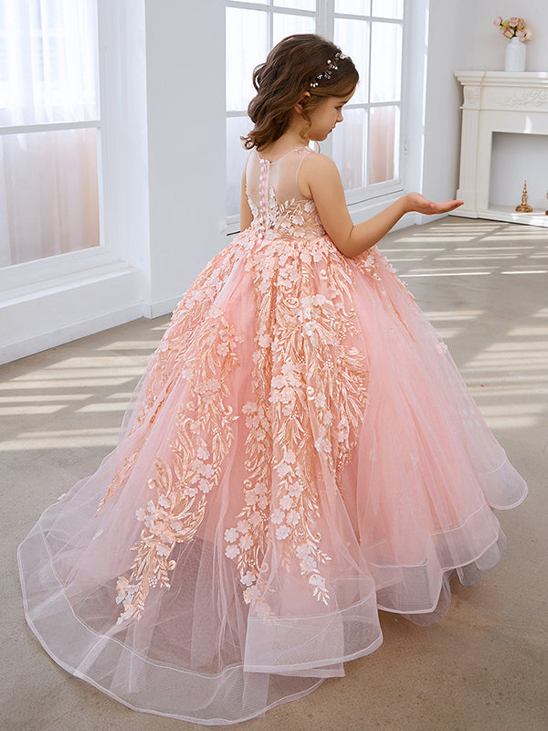 Vestido de princesa rosa para niñas con apliques de encaje 