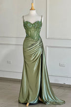 Trendy Silver Spaghetti Straps Satin Mermaid Long Corset Prom Dress with Appliques