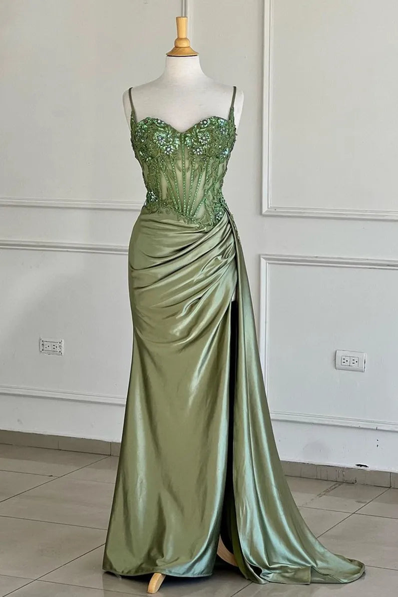Trendy Silver Spaghetti Straps Satin Mermaid Long Corset Prom Dress with Appliques