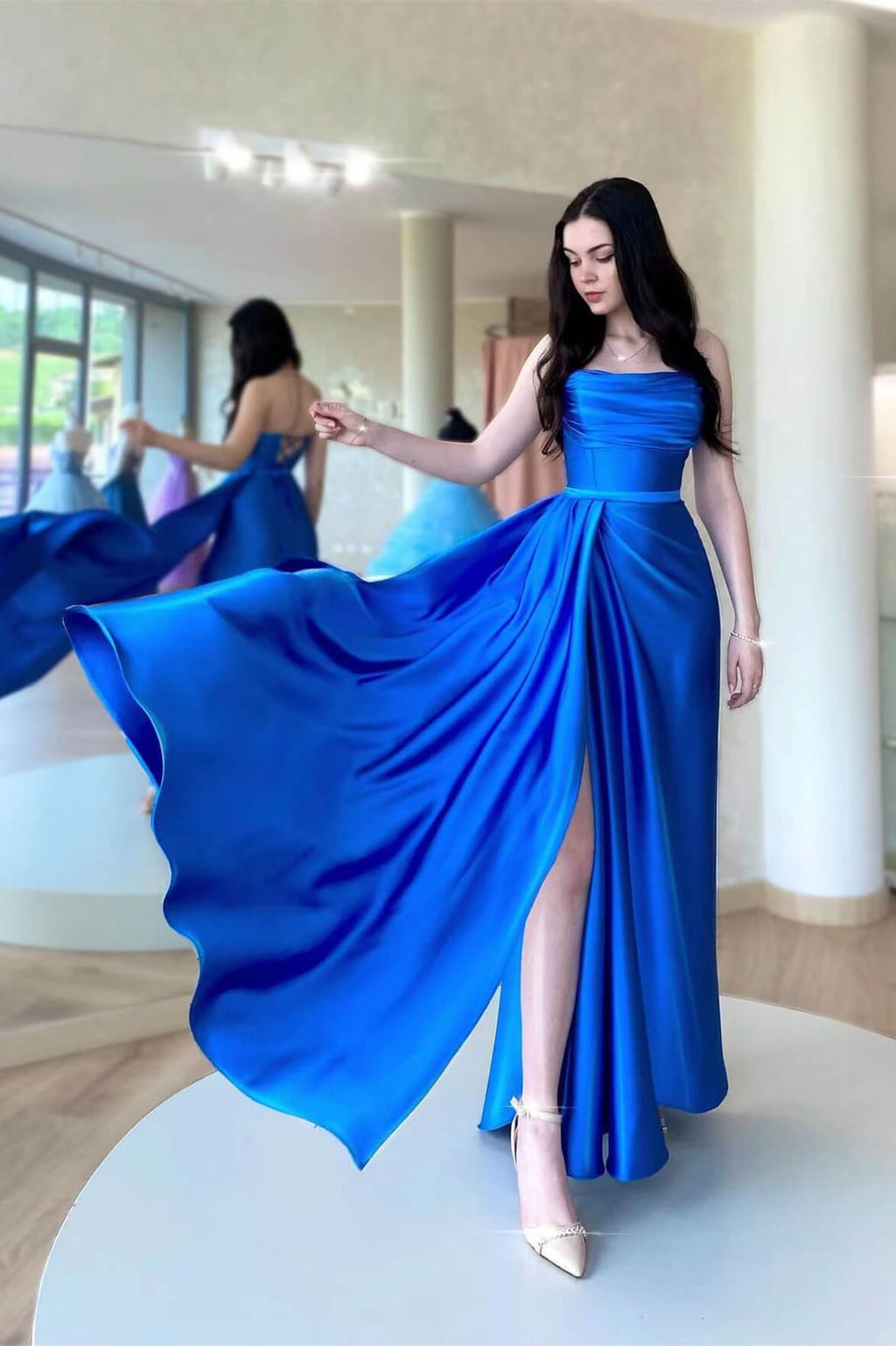 Strapless Open Back Sleeveless Prom Dress with Split and Ruffle